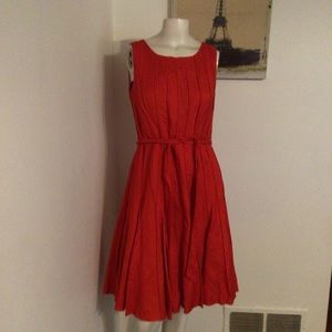 Calvin Klein Pintuck Flared Skirt Red Linen Dress